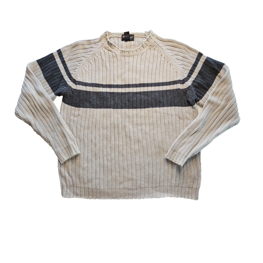 Eddie Bauer Men's L 100% Cotton Ribbed Knit Crewneck Sweater Gray Cream Stripe - Picture 11 of 11